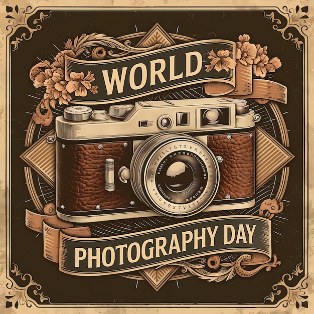 World Photography Day with vintage illustration of a classic camera