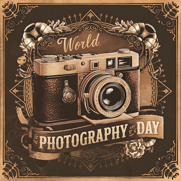 World Photography Day with vintage illustration of a classic camera