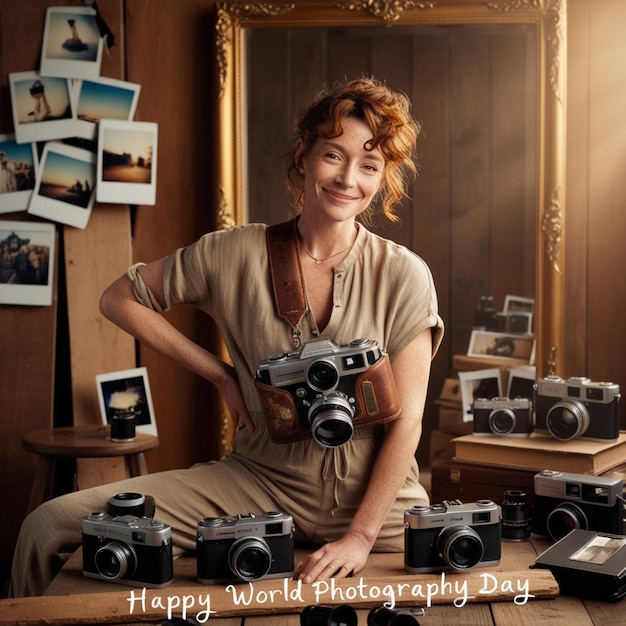 a world photography day woman is posing with cameras and a mirror behind her