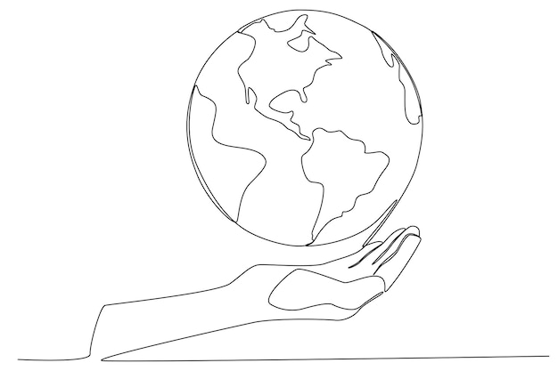 The world planet earth above one hand palm one line art