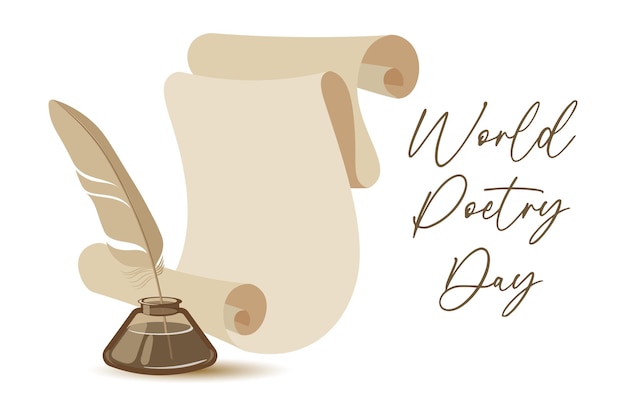 World Poetry Day banner Parchment roll and inkwell with feather Illustration vector