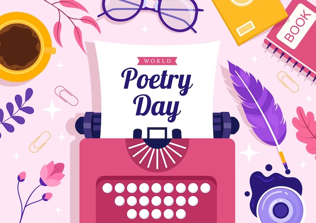 World Poetry Day on March 21 Illustration with a Quill or Typewriter for Web Banner or Landing Page