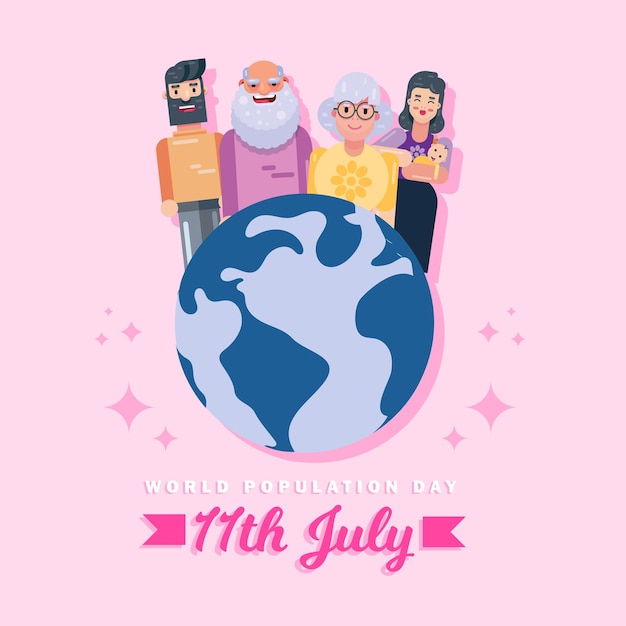 World Population Day 11th July people children men women on globe poster vector background design image