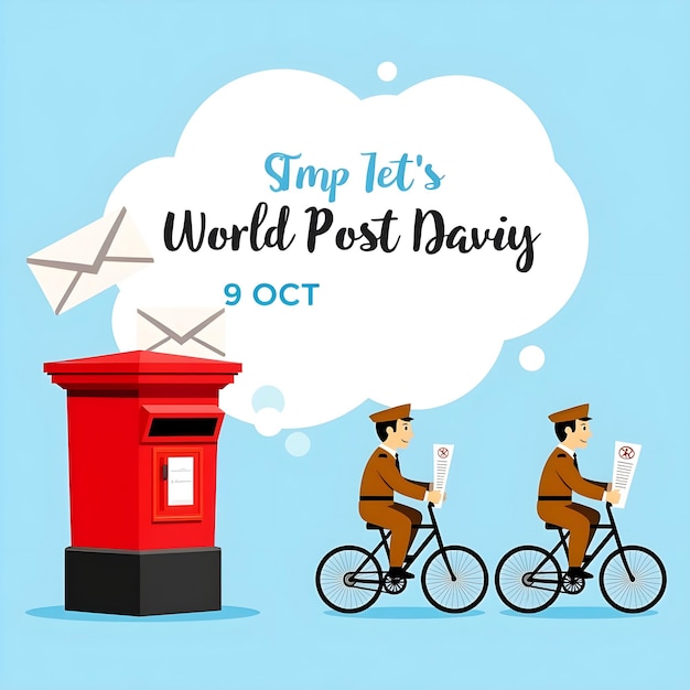 World Post Day a bright red postal box clouds and an envelope with a postal worker in uniform bicycl