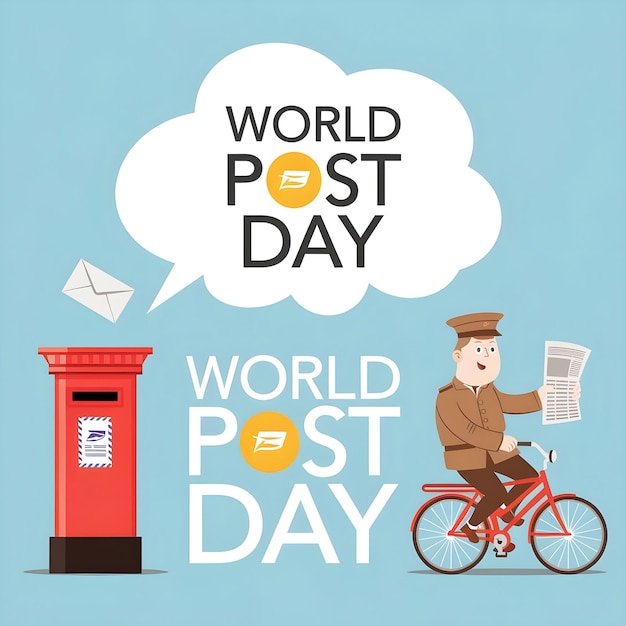 World Post Day a bright red postal box clouds and an envelope with a postal worker in uniform bicycl