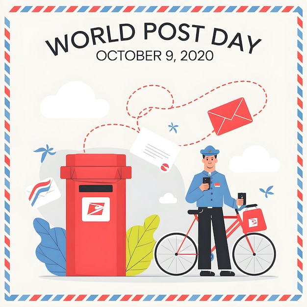 World Post Day a bright red postal box clouds and an envelope with a postal worker in uniform bicycl