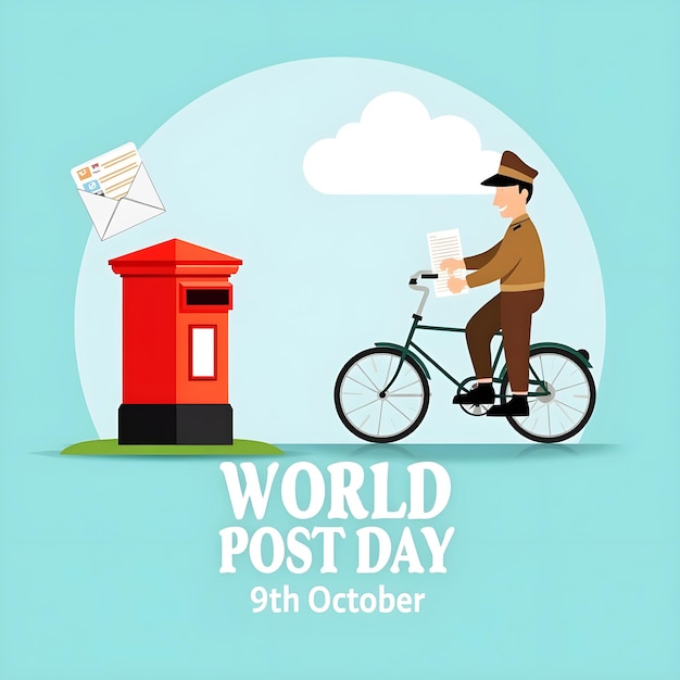 World Post Day a bright red postal box clouds and an envelope with a postal worker in uniform bicycl