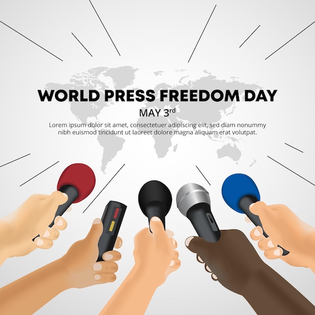 World press freedom day background with hands of reporters are holding recorder