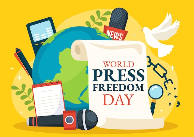 World Press Freedom Day Illustration with Hands Holding News Microphones in Hand Drawn Templates