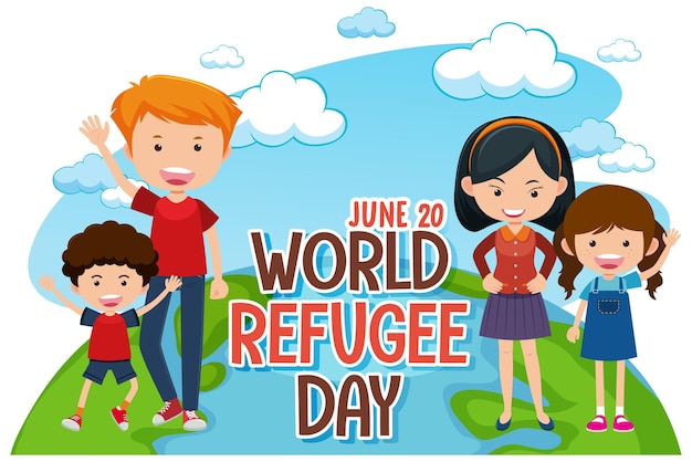 World Refugee Day banner with family cartoon character