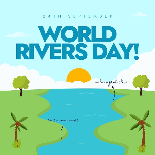 Vector world rivers day 22nd september rivers day celebration banner with a beautiful river flowing view