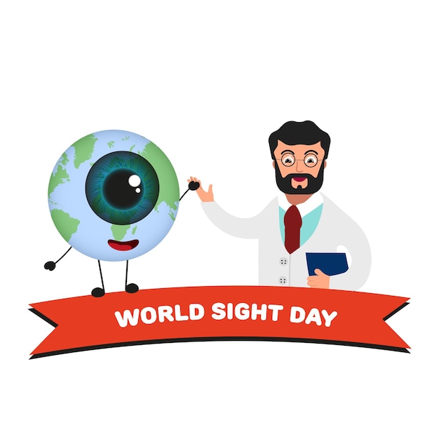 Vector world sight day eye globes holding hand with doctor