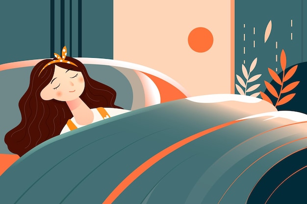 World sleep day girl sleeping in bed with flowers and plants in the background vector illustration