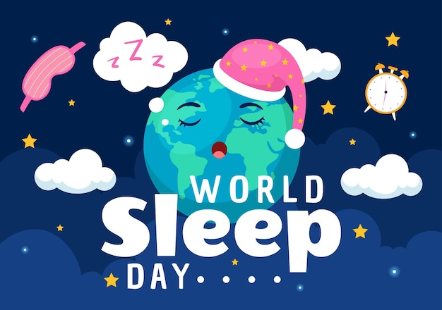 Vector world sleep day vector illustration on march 15 with people sleeping clouds planet earth and the moon in sky backgrounds flat cartoon design