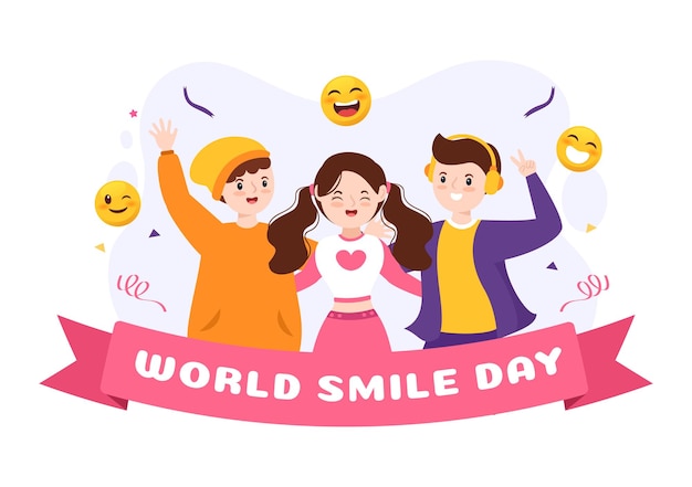 World Smile Day Hand Drawn Cartoon Illustration with Smiling Expression and Happiness Face