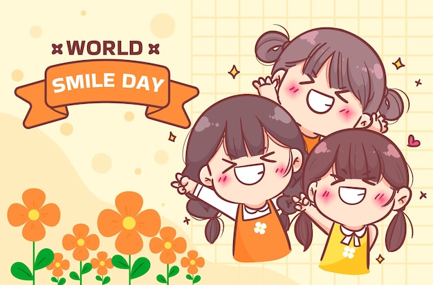 World smile day happy cute girl hand drawn cartoon art illustration