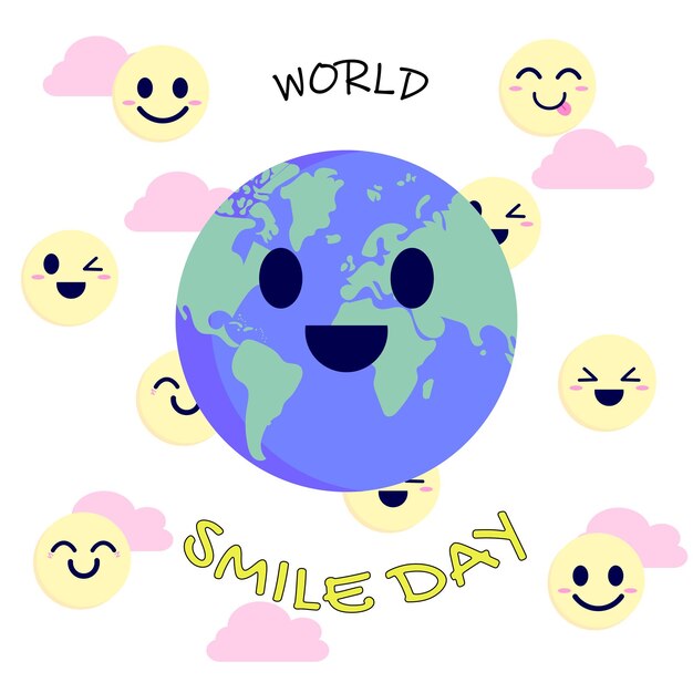 Vector world smile day poster background with smiley earth and happy emojis in the background.