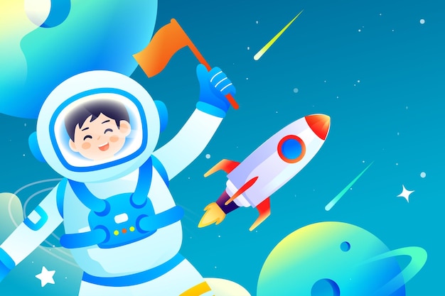 World Space Day, Astronaut travels in space with planet and universe in the background, vector