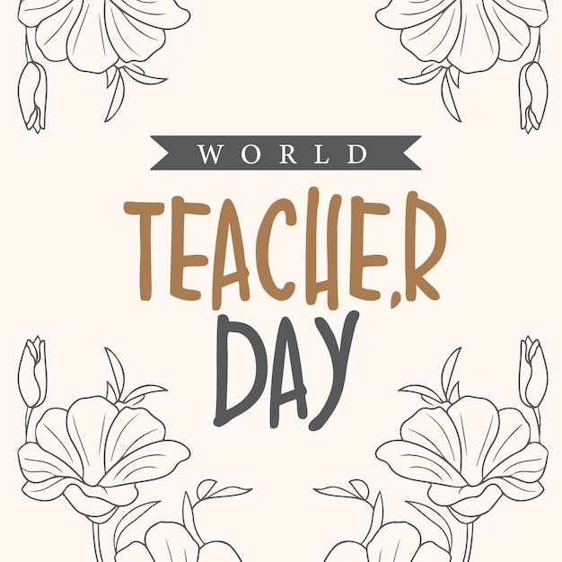 Vector world teachers day composition with gold color line art flower and leaves