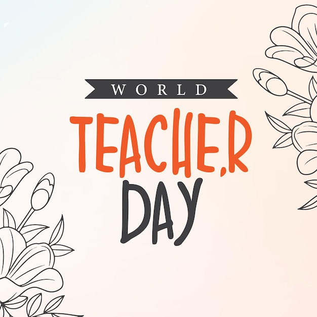 Vector world teachers day composition with gold color line art flower and leaves