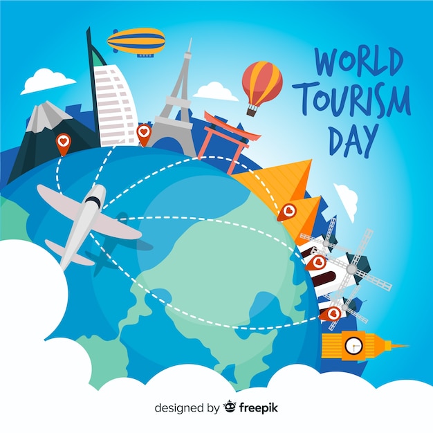 World tourism day background with landmarks and transport