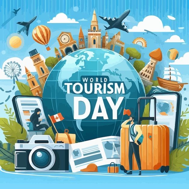 Vector world tourism day with tours and travels social media poster banner creative template