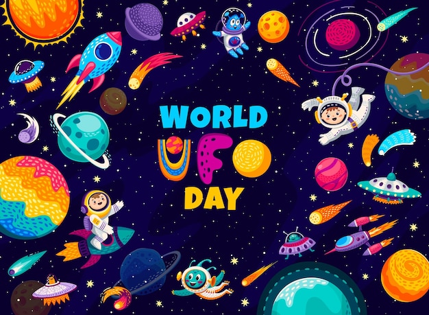 World ufo day cartoon flying saucer and alien