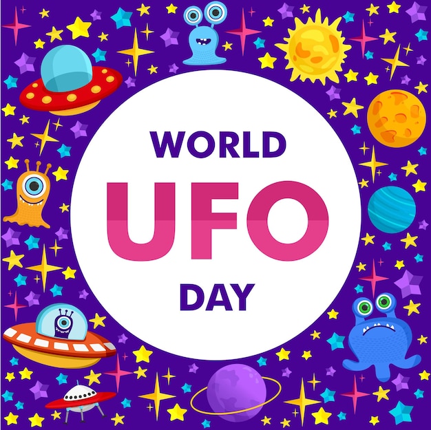 World Ufo Day Vector illustration of a ufo plane a flying saucer with the planet Saturnhumanoids