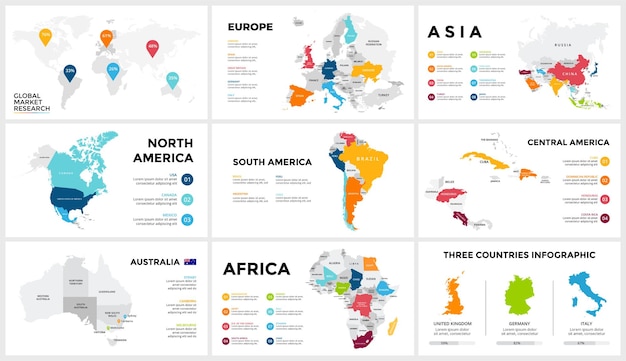 World vector map infographic templates pack Europe Asia North South America Australia Africa