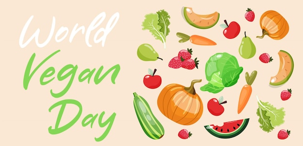 World vegan day banner with colourful fruits and vegetables Vector design