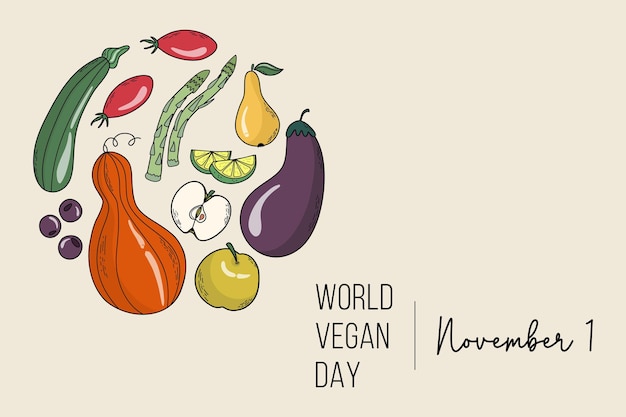 Vector world vegan day november 1 banner with hand drawn fruits and vegetables colorful vegetarian food