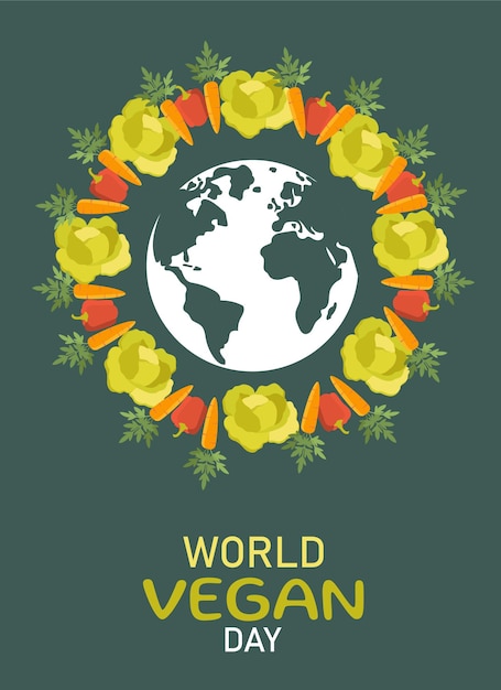 World vegan day poster globe with vegetables healthy lifestyle and eating with vitamins cabbage