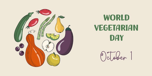 World Vegetarian Day October 1 Banner with hand drawn fruits and vegetables