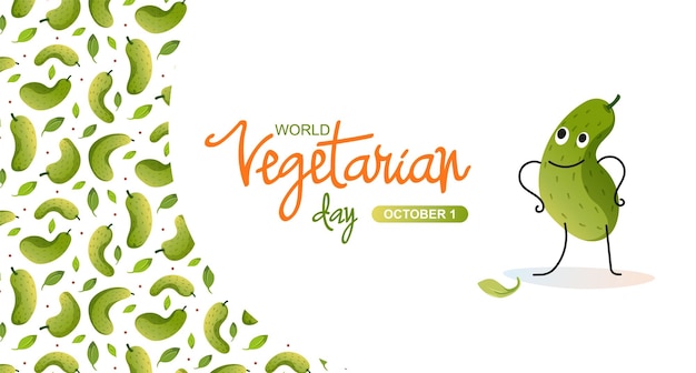 World vegetarian day web banner lettering for vegan day Funny vegetables cucumber Vector flat illustration Background for news advertising congratulations