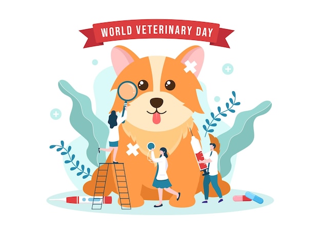 Vector world veterinary day on april 29 illustration with doctor and cute animal dogs or cats in hand drawn