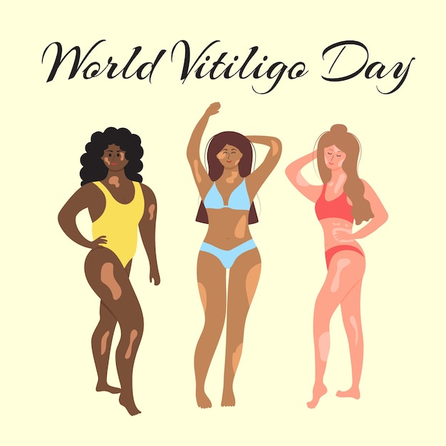 World vitiligo day Women in swimsuits of different nationalities and physiques with vitiligo