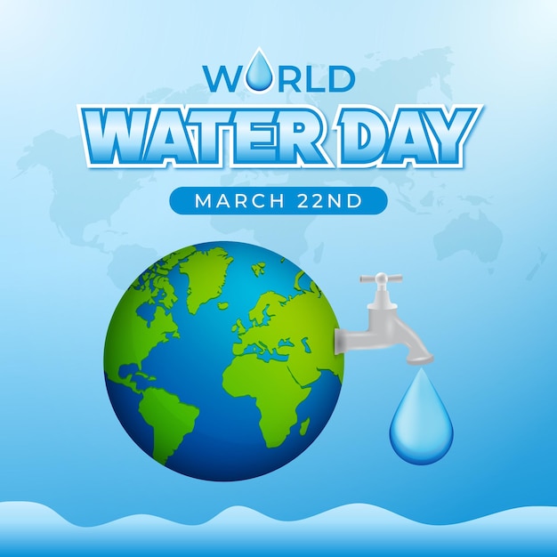 World water day march 22nd banner post with globe and water faucet illustration