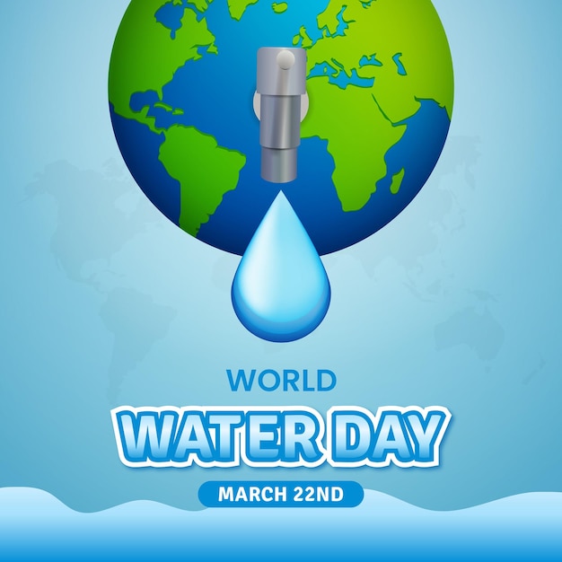 World water day march 22nd square banner with globe and water faucet illustration