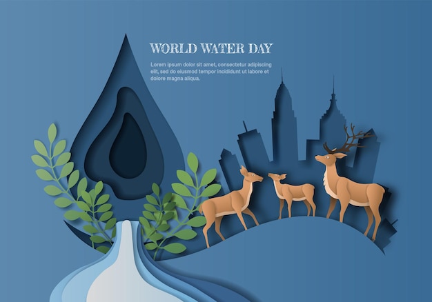 World Water Day, save water, a deer family with water drop and city background, paper illustration and  paper.