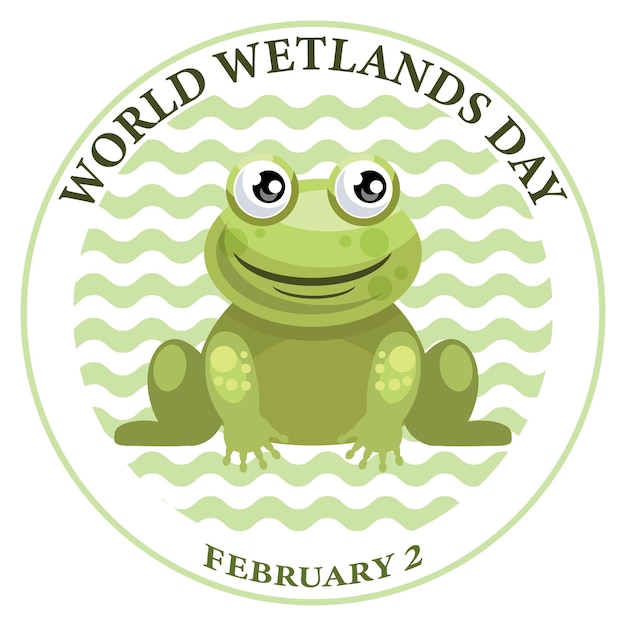 World Wetlands Day, funny frog in the swamp. February 2. Congratulation banner, postcard, poster