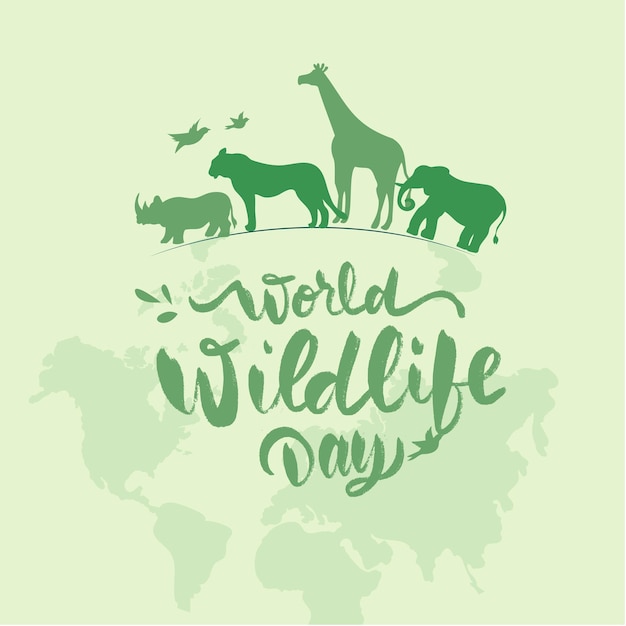 World Wildlife Day Poster with green silhouettes of wild animals illustration.