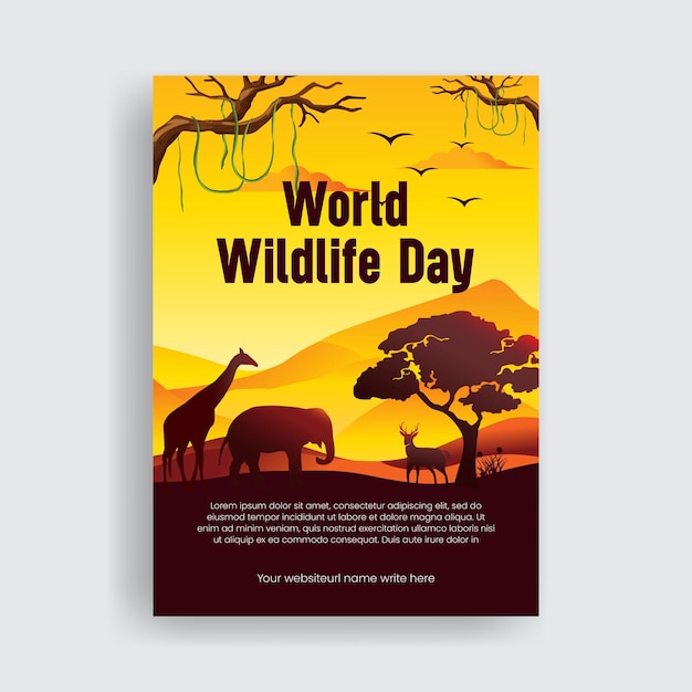 World wildlife day print flyer or poster with flat animals forest silhouette illustration background