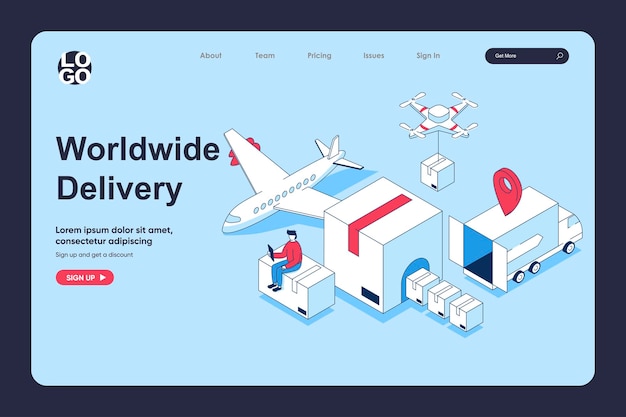 Worldwide delivery concept in 3d isometric design for landing page template People working at global logistic company service managing parcel airmail and van shipping Vector illustration for web