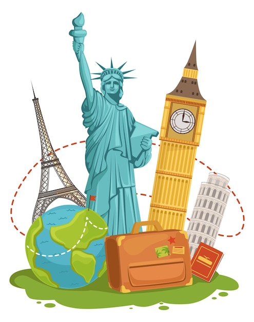 Worldwide travel landmarks Tourist journey cartoon concept