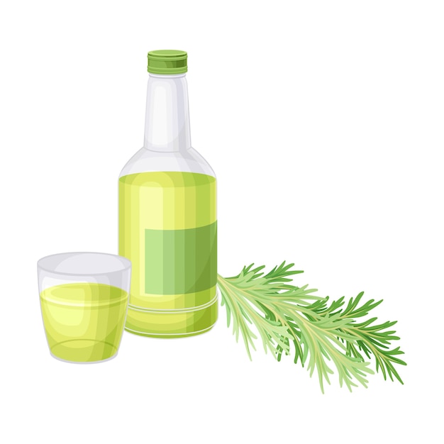 Wormwood or Southernwood Plant Yellow Extraction in Glass Bottle Vector Composition