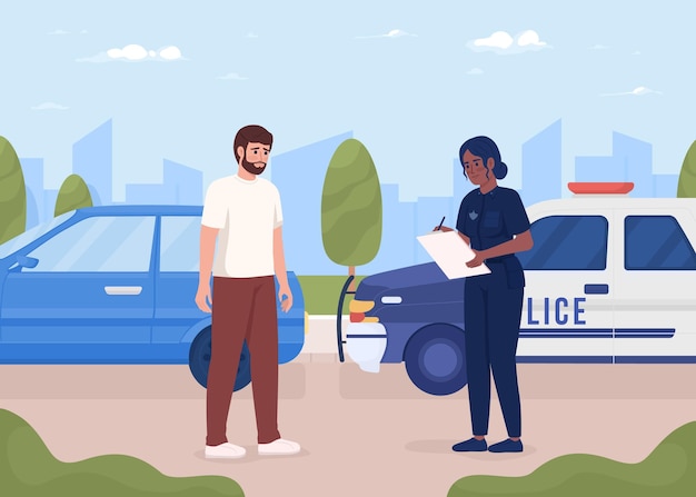 Worried bearded man pulled over by police officer flat color vector illustration