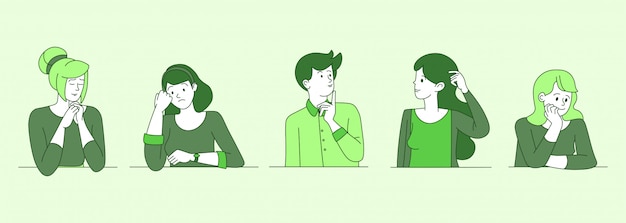 Worried, confused people cartoon contour illustrations. Young guys, girls in doubt, searching solution, making decision outline characters in green color. Upset women and men thinking with unsure face