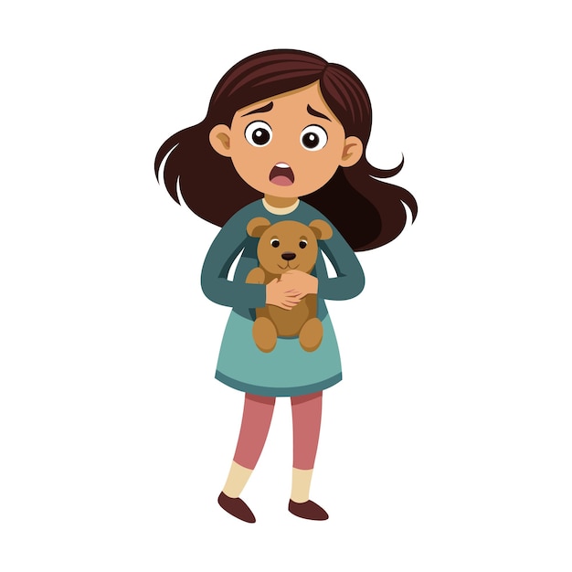 Worried Girl Holding Teddy Bear Illustration