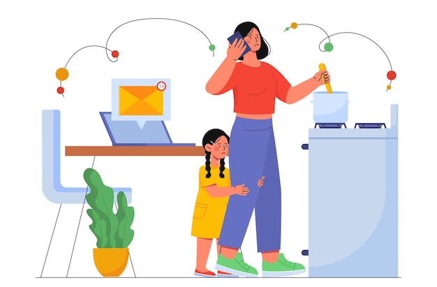 Vector worried mother with kid concept overload housewife at kitchen young sad girl cooking care about