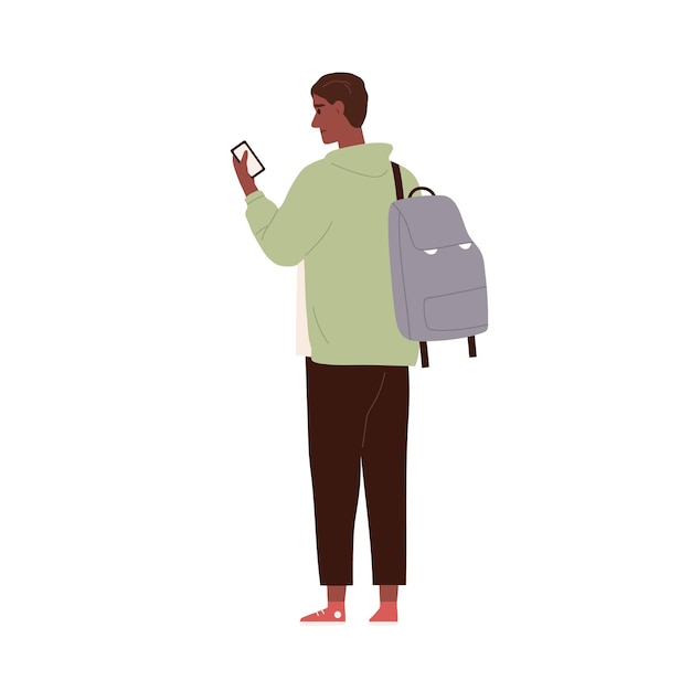 Worried tourist standing with mobile phone. Person passenger with backpack looking at smartphone screen. Lost puzzled man has problem. Flat graphic vector illustration isolated on white background